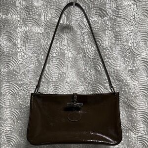 Longchamp Small Roseau Leather Brown Patent Finish Shoulder Bag